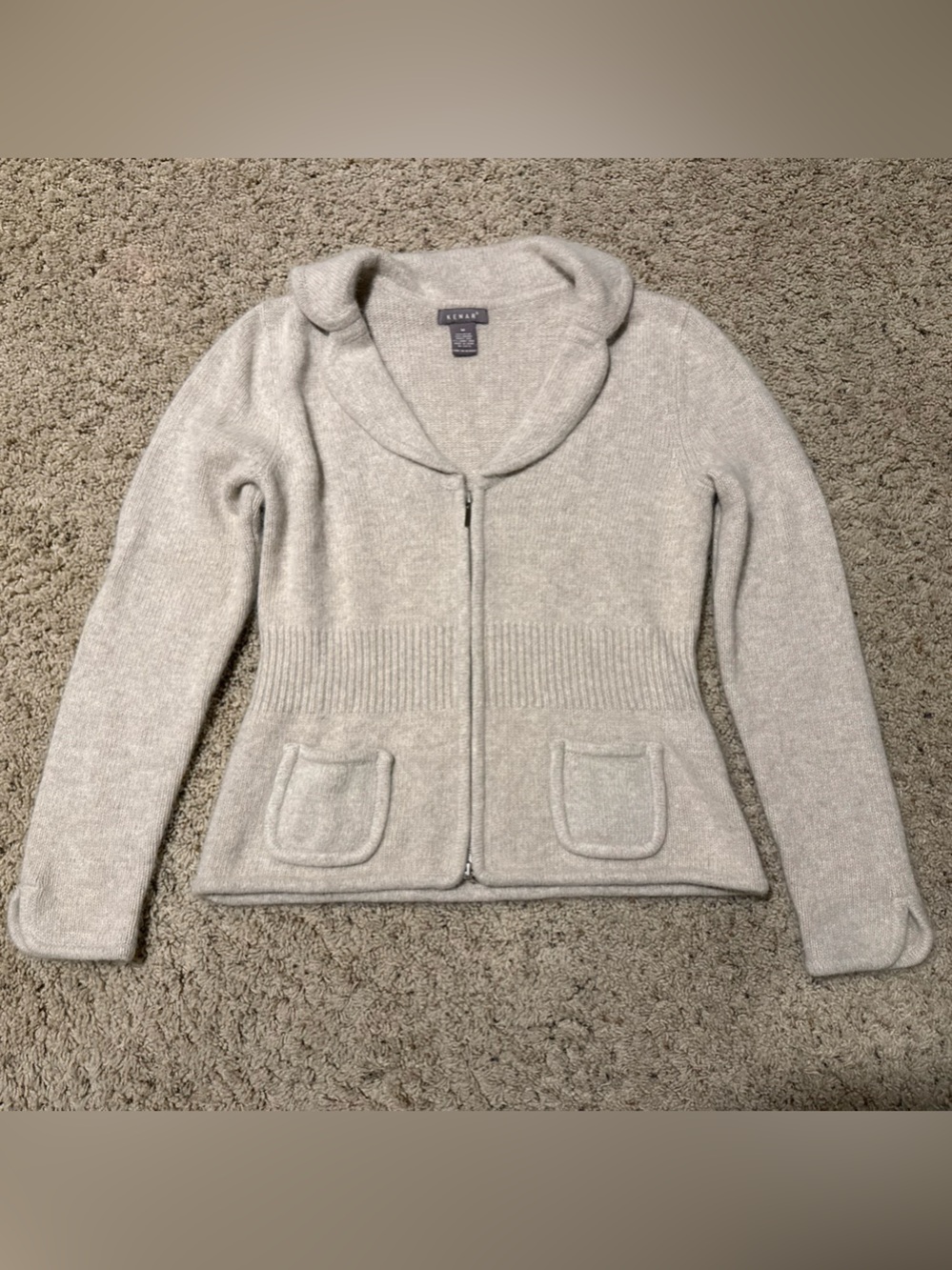 Women’s Kenar Neutral Beige Zip-Front Cardigan- Angora Nylon and lambswool blend